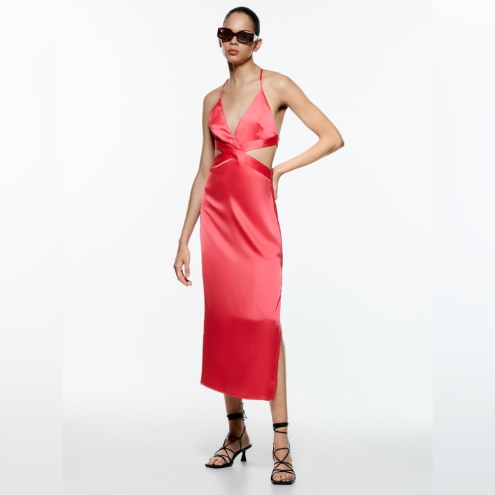 Zara Satin Effect Cut Out Dress Coral Pink